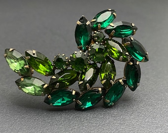 LARGE Vintage Gold Tone Light & Dark Green Rhinestone Floral Brooch Pin Unsigned