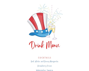 Fourth of July Drink Menu |Independence Day Party Independence Drink Menu |Fourth of July Menu| Beer| Wine |Cocktails | 4th of July