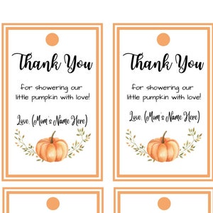 Baby Shower Party Favor Gift Tags | Fall PARTY| Pumpkin | Party Gift tags| EDITABLE DOWNLOAD| Celebrating the mom to | Printable