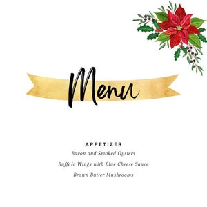 Menu do Jantar da Festa de Natal da Poinsétia | Cardápio da Festa de Natal | Menu de jantar personalizado | Menu de jantar para impressão | Menu Personalizado