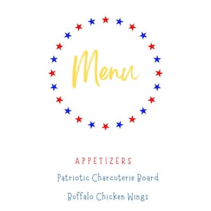 Menu do Jantar de 4 de Julho |Menu Personalizado| Menu do Jantar do Dia da Independência | Menu do Dia 4 de Julho | Aperitivo | Prato Principal | Sobremesa