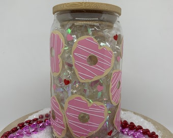 Valentine&#39;s Day Heart Cookie |Happy Valentine&#39;s Day| Beer Can Glass| Donut glass|Valentine&#39;s Day Gift Favor|Galentine&#39;s day gift|iced Coffee