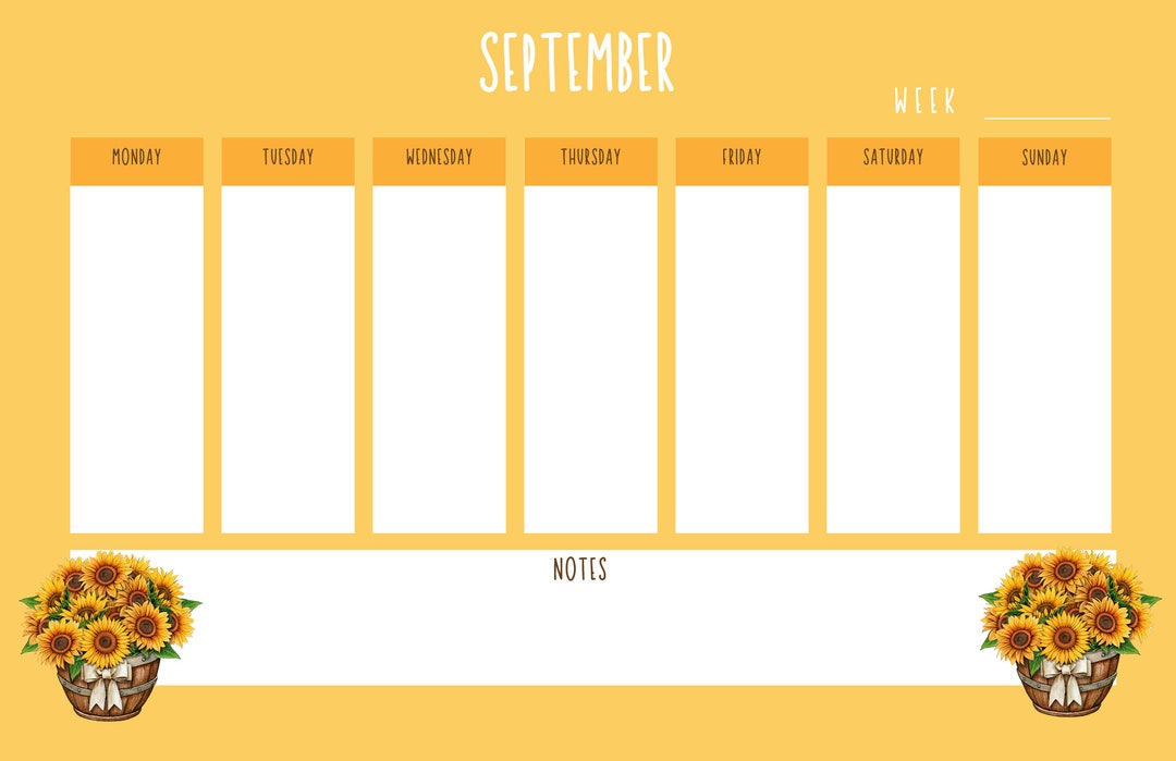 September blank weekly calendar sunflower weekly planner etsy