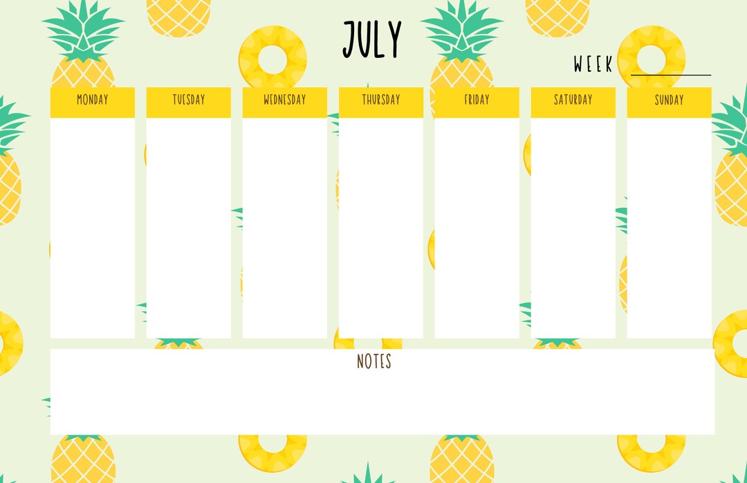 July Blank Weekly Calendar| Pineapple Weekly Planner| Weekly Planner ...