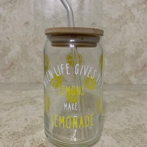 Lemonade Beer Can Glass with options for bamboo lid and glass straw| When life gives you lemons make lemonade| Lemonade glass tumbler