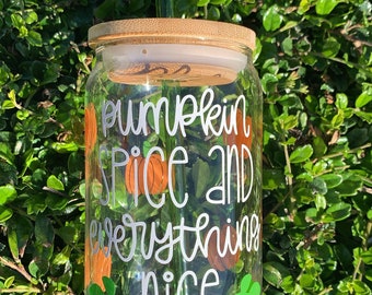 Pumpkin Spice & Everything Nice Beer Can Glasses | Halloween glass| coffee Glass cup |Bamboo lid| Glass straw| Straw topper is not Included