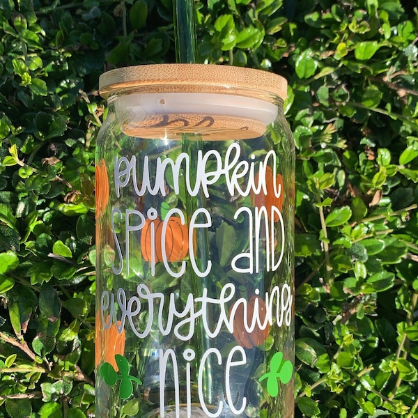 Pumpkin Spice & Everything Nice Beer Can Glasses | Halloween glass| coffee Glass cup |Bamboo lid| Glass straw| Straw topper is not Included