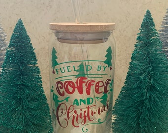 Fueled by Coffee and Christmas Beer Can Glass| Bamboo Lid| Glass Straw Iced Coffee Cup| Reusable Cup| Christmas beer can glass