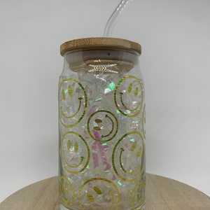 Iridescent Smiley Face Beer Can Glass| Iced Coffee| Bamboo Lid| Glass Straw| Smiley Faces