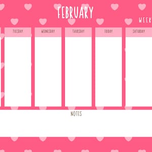 Puede incluir: Un calendario de febrero imprimible rosa con un fondo de patrón de corazón. El calendario tiene espacios para cada día de la semana, de lunes a domingo, y una sección de notas. El calendario también incluye el texto "Be Mine" en un corazón rosa.