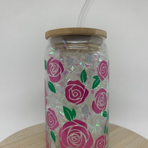 Mother&#39;s Day Roses Beer Can Glass| Mother&#39;s Day gift| Iced Coffee| Bamboo Lid| Glass | Pink Roses
