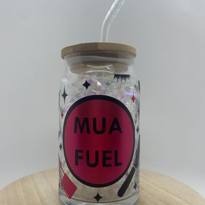MUA Fuel Beer Can Glass | Iced Coffee| Bamboo Lid |Glass Straw| Makeup Artist Tumbler | Makeup Artist Gift