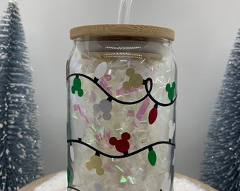 Christmas lights beer can glass| Christmas Glass | Christmas Gift| Iced Coffee| Glitter ornaments