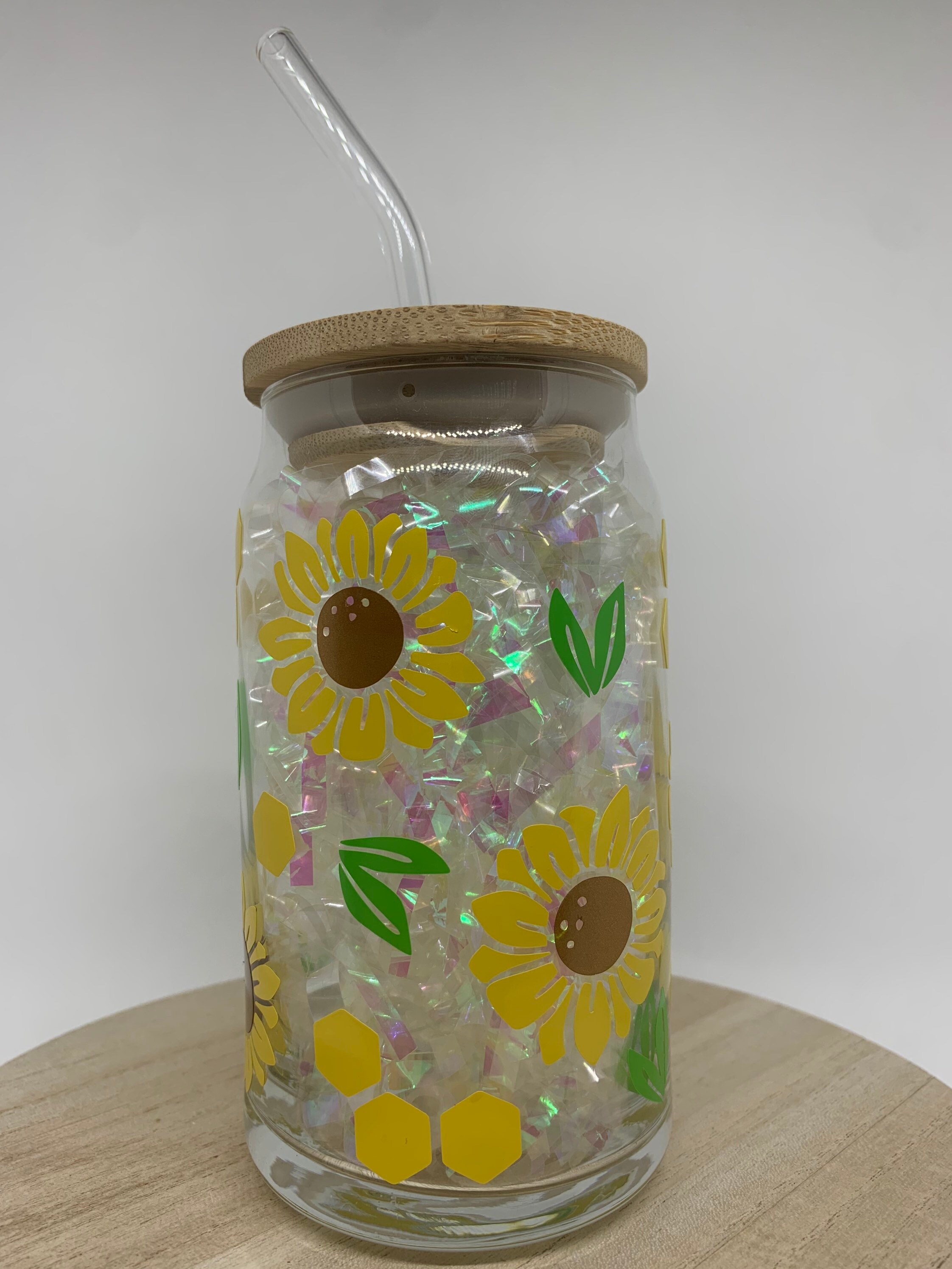 Sunflower Honey Beer Can Glass | Iced Coffee| Sunflowers| honeycomb glass|