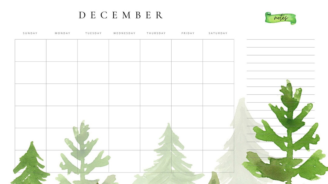 December Blank Calendar Christmas Trees Printable Instant Etsy