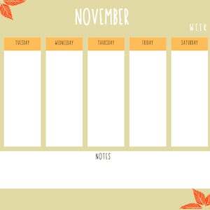 May include: A printable November calendar planner with a fall theme. The calendar has a beige background with orange and yellow leaves in the corners. The calendar is divided into seven days of the week: Monday, Tuesday, Wednesday, Thursday, Friday, Saturday, and Sunday. There is a section at the bottom for notes.