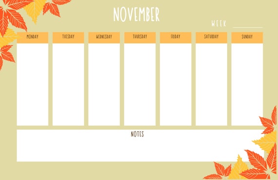 November Blank Weekly Calendar Fall Leaves Printable Instant Download Weekly Planner - Etsy