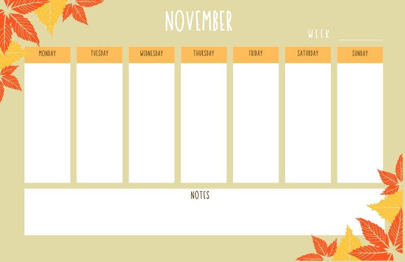 November Blank Weekly Calendar Fall Leaves Printable Instant Etsy