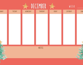 December Blank Weekly Calendar| Christmas Trees| Weekly Planner| Instant Download| printable| Christmas Weekly Calendar