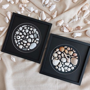 Set 2 Mosaic SeaShell Art Circle Yellow White Seashell Wall Decor Collage SeaShell Art Coastal Wall Decor Beach Decor by SeaShellsFlowerArt