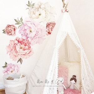 Stoff Kinderzimmer Pfingstrose Wandaufkleber, Wandtattoo Blume, Wandtattoo Blumen, Wandkunst, Wand-Dekor, Dekoration