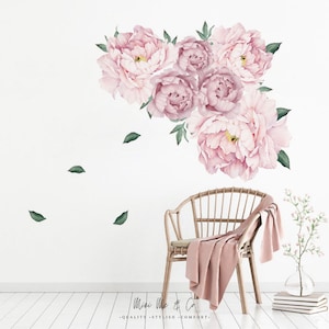 Nursery Pink Peony Wall Sticker/Decal, Flower Wall Decal, Floral Wall Decals, Peony Flowers Wall Decal, Wall Art, Wall Decor, Home Decor image 1