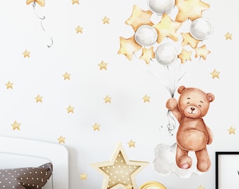 Vivero durmiendo oso de peluche etiqueta de la pared/pegatina extraíble, etiqueta de la pared del oso, etiquetas de la pared del peluche, etiqueta de la pared animal, estrellas, decoración de la guardería,