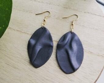 Clay Earrings: Metallic Satin and Silk Inspired Clay Dangles - Shiny Grey Modern Monochrome Palette - Lightweight Handmade Statement Earring