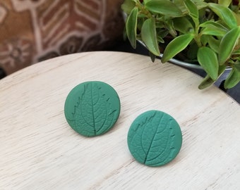 Clay Earrings: Small and Simple Sage Green Leaf Print Outdoorsy Nature Inspired Earthy Hues Post Stud Earrings