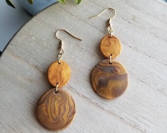 Clay Earrings: Gold and Opal Swirl - Abstract Pattern - Earth Tones with Subtle Shimmer - Simple Gold Dangles - Boho Hippie Chic Earrings