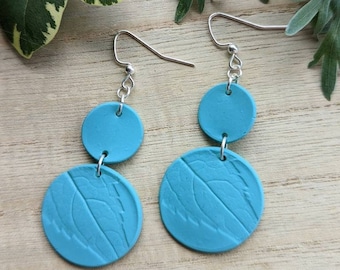 Embossed Leaf Earrings in Teal Blue