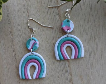 Clay Earrings - Vintage Retro Teal and Pink Pastel Rainbows