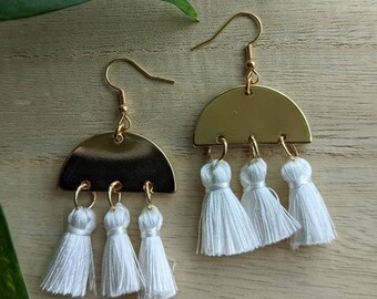 Geometric Dangle Earrings with Gold Semicircles and White Tassels