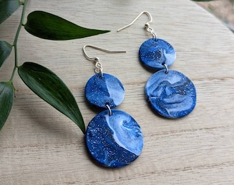 Galaxy Dangle Earrings - Blue, White, Sparkle Abstract Swirl