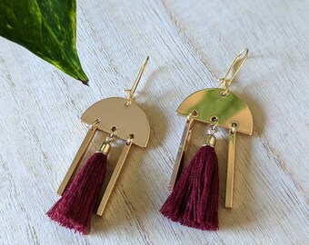 Geometric Gold Semicircle and Maroon Tassel Dangle Earrings