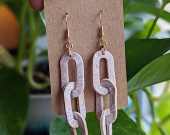Chain Link Earrings with Botanical Plant Print - Handmade with Polymer Clay - Multiple Colors