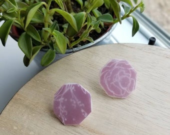 Clay and Paper Earrings: Reused and Recycled Dusty Desert Rose Floral Designed Polymer Clay Coated Stationery Stud Post Earrings