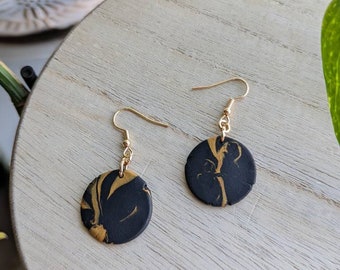 Small Black and Gold Abstract Swirl Earrings - Marbled Tiger Print Pattern
