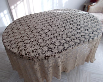 new vintage embroidery multipurpose piece handmade tablecloth with bobbin lace and crochet work Embroidered BEIGE 95"x108"or 230cm x 260cm