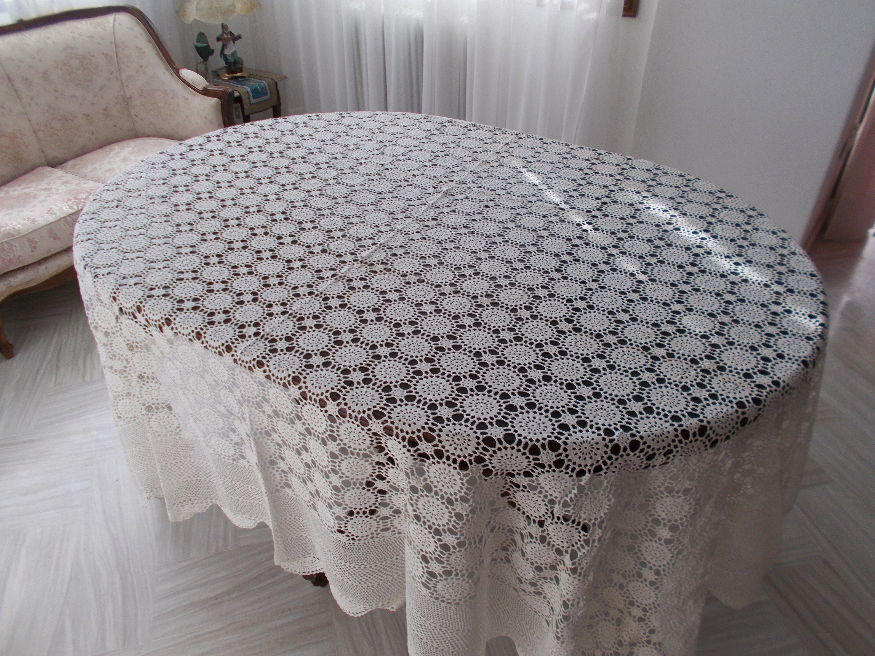 new  vintage multipurpose piece Embroidered handmade tablecloth with bobbin lace and crochet work beige 95"x108" or 230cm x 260cm no2 UNUSED