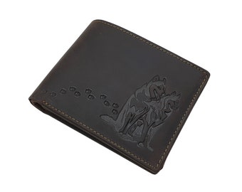 Echt Büffel-Vollleder Querformat Geldbörse / Geldbeutel / Portemonnaie mit Huskies-Motiv und RFID & NFC Schutz in Braun