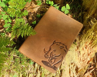 Buffalo full-leather ID card holder with wild boar motif for vehicle registration, severely handicapped ID, gun license, hunting license etc. in brown