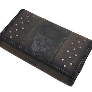 Große Büffel-Vollleder Damen Geldbörse / Geldbeutel / Portemonnaie / Geldtasche / Portmonee mit Totenkopf-Motiv und RFID & NFC Schutz Grau
