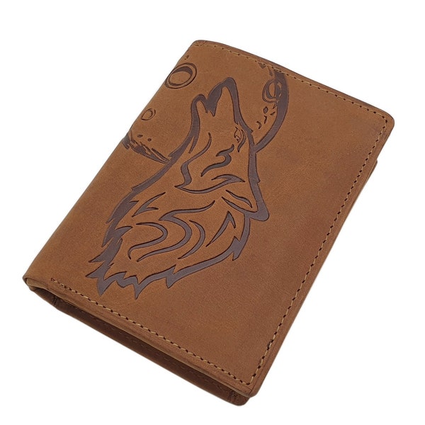 Real buffalo full leather portrait format wallet / purse / wallet with wolf motif and RFID & NFC protection in cognac