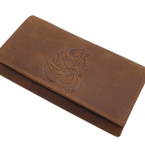 Große Büffel-Vollleder Damen Geldbörse / Geldbeutel / Portemonnaie / Geldtasche / Portmonee mit Katzen-Motiv und RFID & NFC Schutz in Cognac