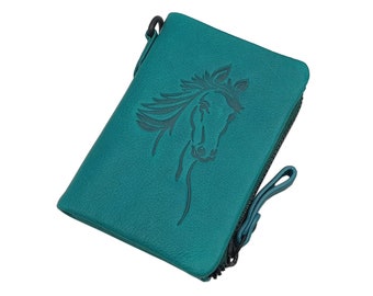 Real cowhide wallet / wallet / wallet / wallet / wallet with horse motif and RFID & NFC protection in petrol