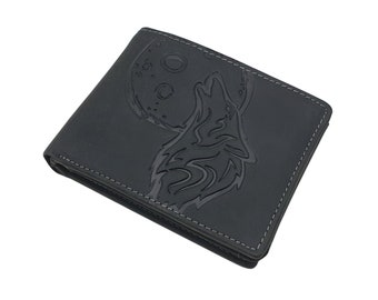 Echt Büffel-Vollleder Querformat Geldbörse / Geldbeutel / Portemonnaie mit Wolf-Motiv und RFID & NFC Schutz in Schwarz