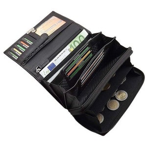 Große Rindleder Damen Geldbörse / Geldbeutel / Portemonnaie / Geldtasche / Portmonee mit RFID & NFC Schutz in Schwarz