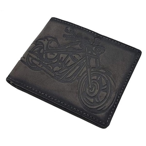 Echt Büffel-Vollleder Querformat Geldbörse / Geldbeutel / Portemonnaie mit Motorrad-Motiv und RFID & NFC Schutz in Vintage-Grau