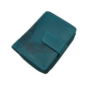 Kleine Echt Rindleder Damen Geldbörse / Geldbeutel / Portemonnaie / Geldtasche mit Schmetterling Motiv und RFID & NFC Schutz Petrol
